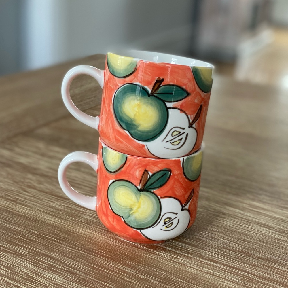 Pair of Hand-Painted Green Yellow Apple Mugs